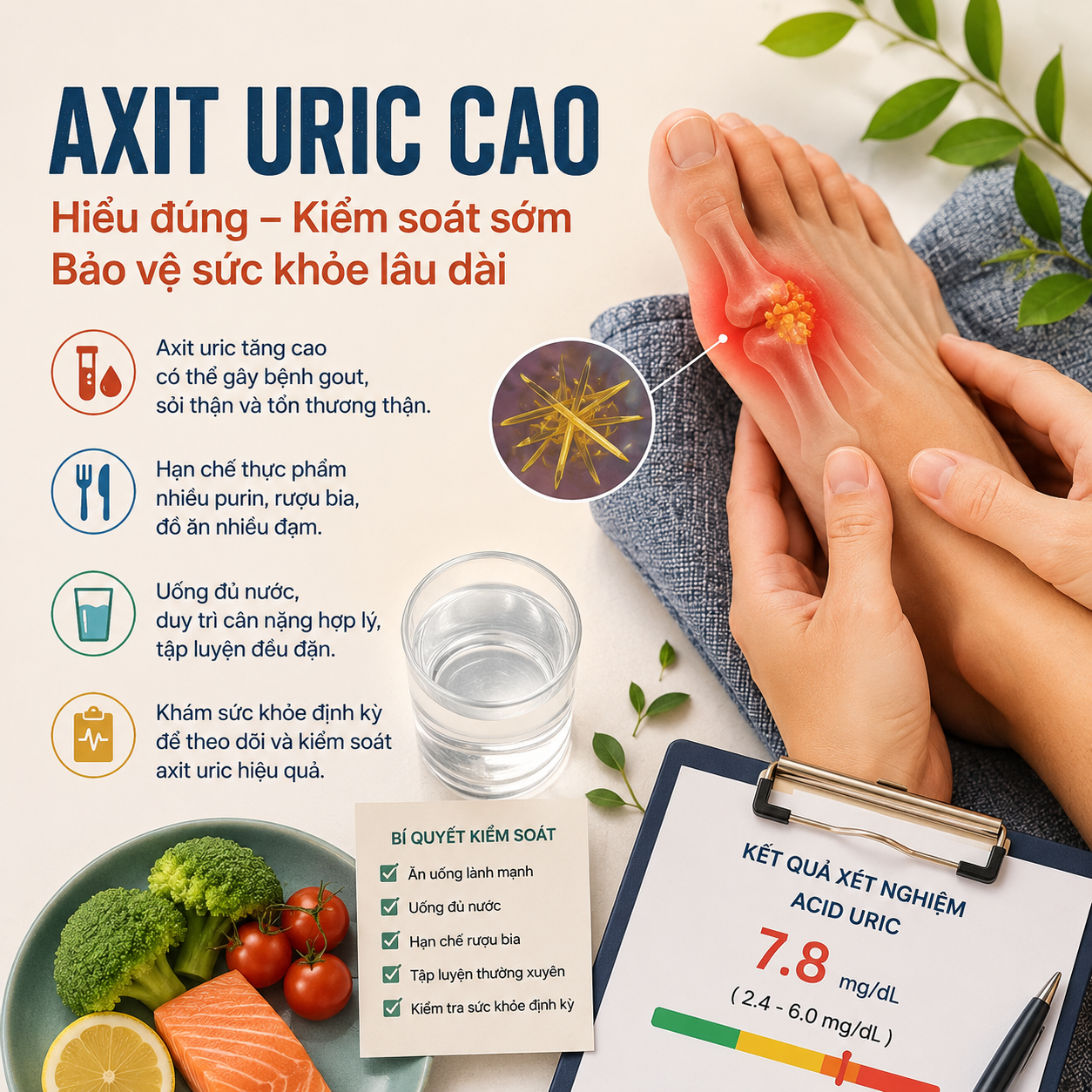 Axit uric cao là gì? Nguyên nhân, dấu hiệu và cách kiểm soát hiệu quả